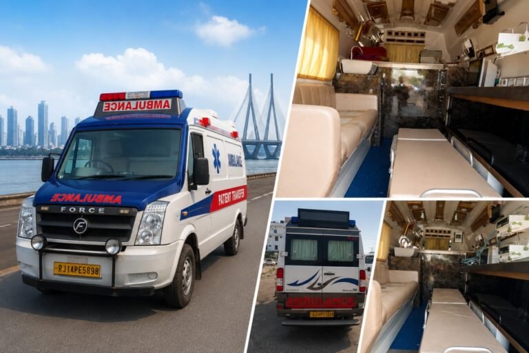 Road ambulance service vehicle with modern patient transfer setup and fully equipped medical interior for emergency and non-emergency transportation.
