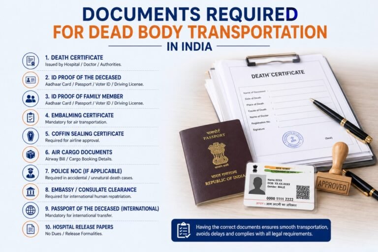 Documents required for dead body transportation in India including death certificate, ID proof, embalming certificate, passport, police NOC, and air cargo documentation.