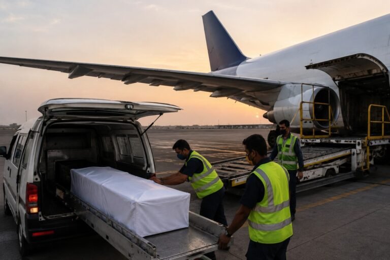 Human repatriation service showing a coffin being transferred from a mortuary vehicle to a cargo aircraft at an international airport.
