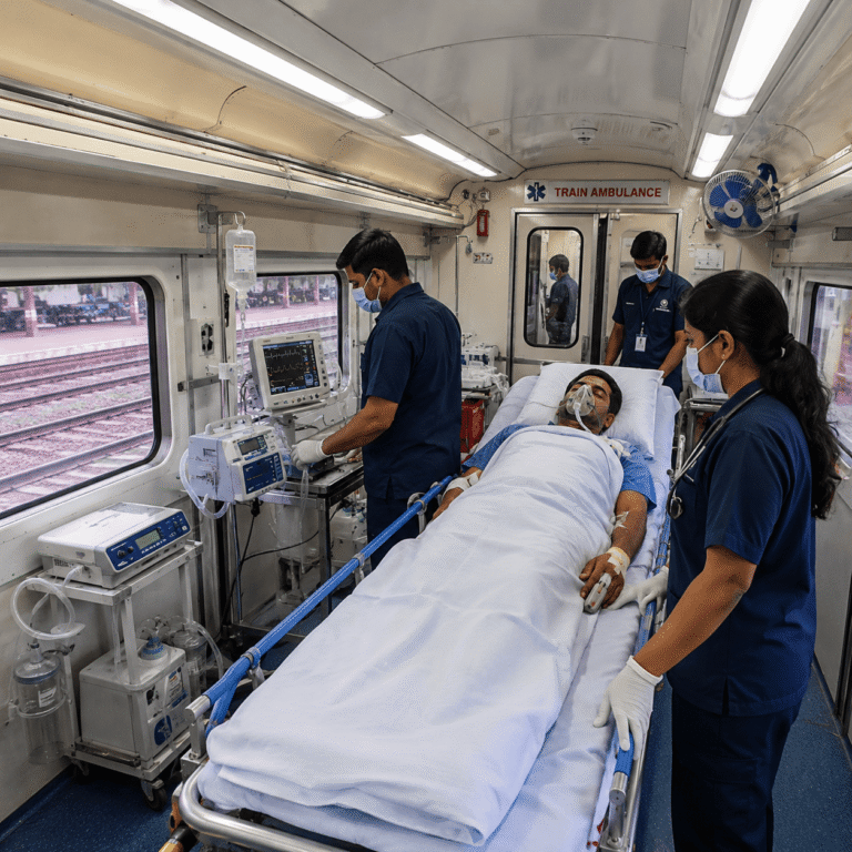 ICU-equipped train ambulance coach with a patient on a stretcher, medical monitoring equipment, oxygen support, and healthcare professionals providing care during transportation.