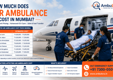 Air ambulance cost in Mumbai showing ICU patient transfer from airport runway to medically equipped aircraft with healthcare professionals.