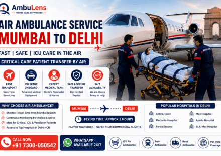 Air ambulance service from Mumbai to Delhi showing a critical care patient being transferred into a medically equipped aircraft by trained medical professionals.