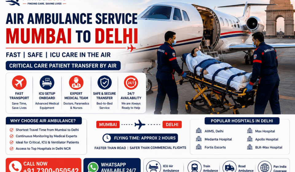 Air ambulance service from Mumbai to Delhi showing a critical care patient being transferred into a medically equipped aircraft by trained medical professionals.