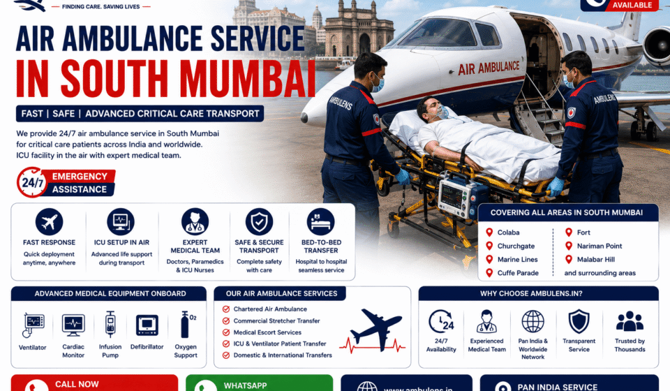 Air ambulance service in South Mumbai showing a medically equipped aircraft and healthcare professionals transferring a critical care patient for emergency transportation.