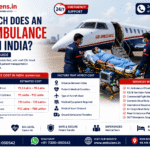 Air ambulance cost in India infographic showing a medically equipped aircraft, critical care patient transfer, estimated pricing, and emergency medical transportation services.