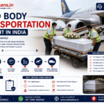 Airport cargo team loading a coffin into an aircraft for domestic dead body transportation by flight in India.