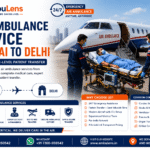Medical team loading a critically ill patient into an air ambulance aircraft for emergency transfer from Mumbai to Delhi.