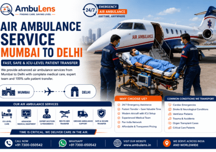 Medical team loading a critically ill patient into an air ambulance aircraft for emergency transfer from Mumbai to Delhi.
