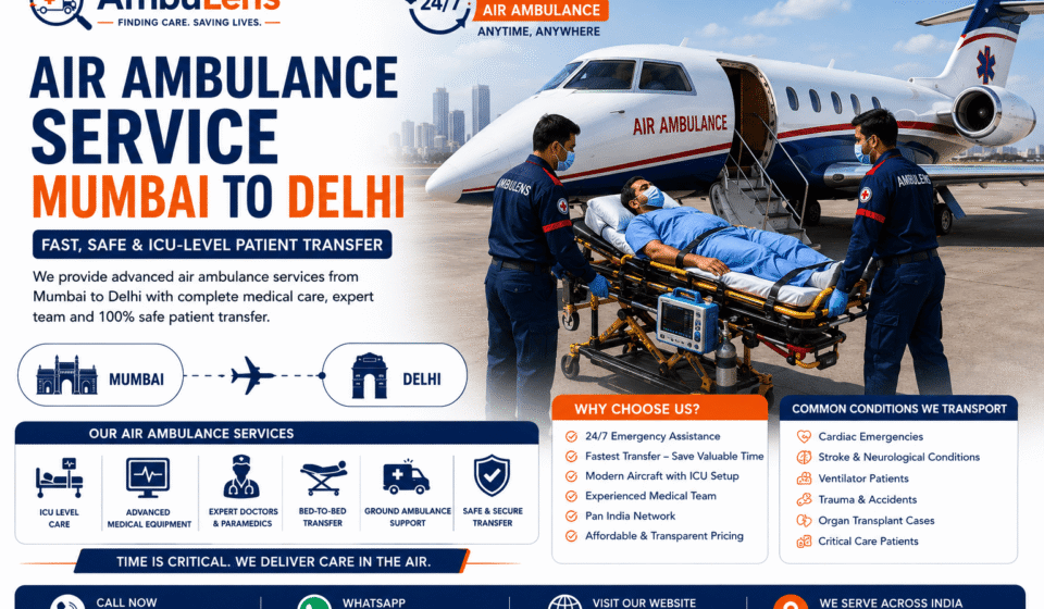 Medical team loading a critically ill patient into an air ambulance aircraft for emergency transfer from Mumbai to Delhi.