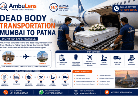 Dead body transportation from Mumbai to Patna showing a coffin being loaded into a commercial aircraft cargo compartment by trained transportation professionals.