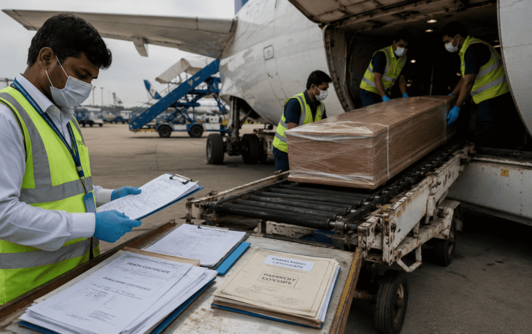 Airport cargo team transporting a coffin with required transportation documents for domestic and international dead body transportation.