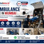 Air Ambulance Service in Mumbai featuring an ICU-equipped medical aircraft, emergency patient transfer, experienced medical team, and Ambulens.in branding.