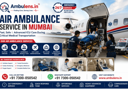 Air Ambulance Service in Mumbai featuring an ICU-equipped medical aircraft, emergency patient transfer, experienced medical team, and Ambulens.in branding.