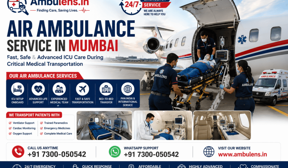 Air Ambulance Service in Mumbai featuring an ICU-equipped medical aircraft, emergency patient transfer, experienced medical team, and Ambulens.in branding.
