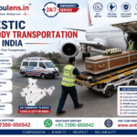 Domestic dead body transportation across India showing air cargo loading, road ambulance support, coffin transportation, and nationwide logistics services by Ambulens.in.
