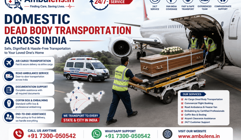 Domestic dead body transportation across India showing air cargo loading, road ambulance support, coffin transportation, and nationwide logistics services by Ambulens.in.