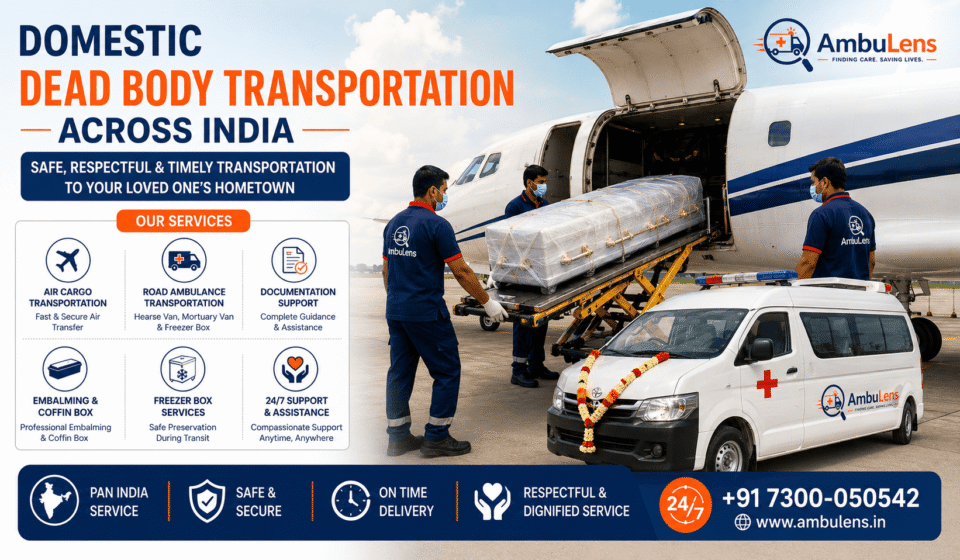 Domestic dead body transportation across India using air cargo aircraft, mortuary ambulance, coffin transfer, and professional logistics support.