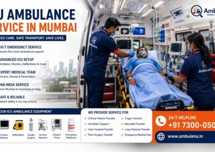 ICU Ambulance Service in Mumbai with advanced life support equipment, trained medical team, ventilator support, and critical patient transportation.