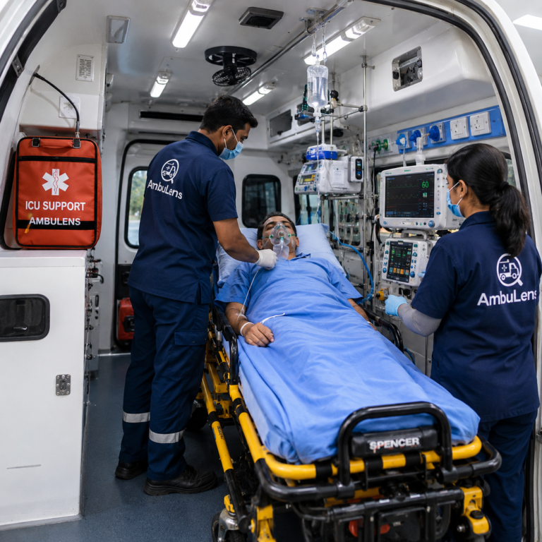 Patient receiving treatment inside a fully equipped ICU ambulance with ventilator support, cardiac monitor, oxygen supply, and trained medical staff.