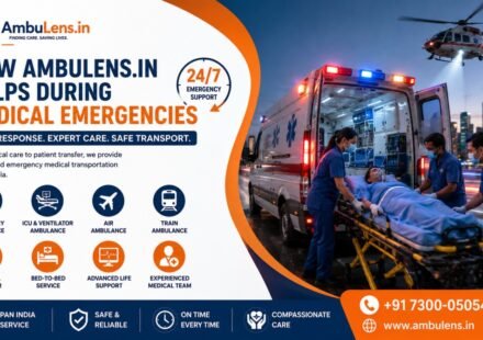 Medical emergency transportation service showing ambulance, air ambulance, patient transfer, and emergency response team providing critical care support.