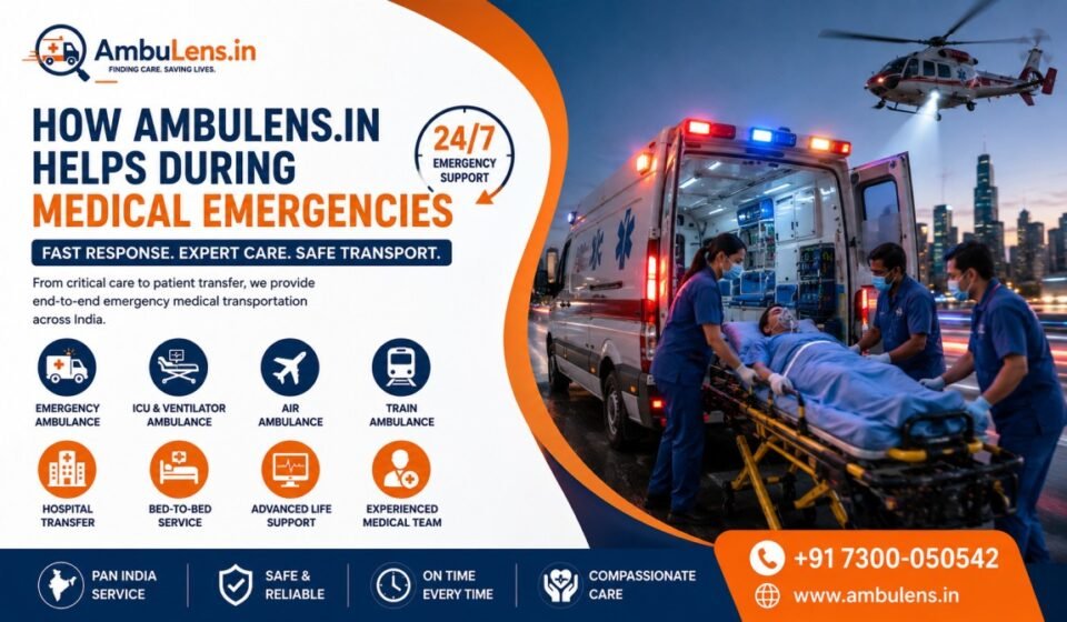 Medical emergency transportation service showing ambulance, air ambulance, patient transfer, and emergency response team providing critical care support.