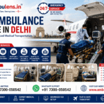 Air Ambulance Service in Delhi featuring a critical patient transfer into an ICU-equipped aircraft with Ambulens.in medical team and emergency healthcare support.