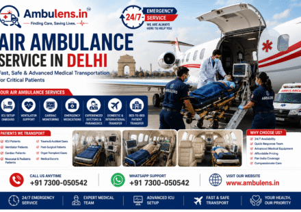 Air Ambulance Service in Delhi featuring a critical patient transfer into an ICU-equipped aircraft with Ambulens.in medical team and emergency healthcare support.