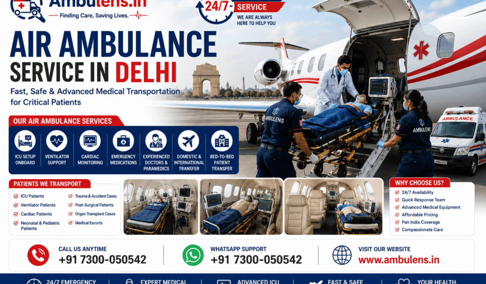 Air Ambulance Service in Delhi featuring a critical patient transfer into an ICU-equipped aircraft with Ambulens.in medical team and emergency healthcare support.