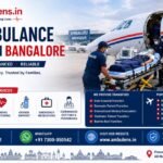 Air Ambulance Service in Bangalore featuring a critical patient transfer into an ICU-equipped aircraft with doctors, paramedics, ventilator support, and Ambulens.in branding.