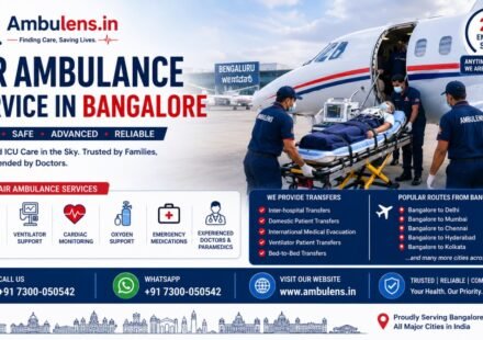 Air Ambulance Service in Bangalore featuring a critical patient transfer into an ICU-equipped aircraft with doctors, paramedics, ventilator support, and Ambulens.in branding.