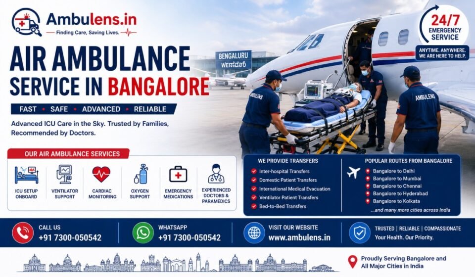 Air Ambulance Service in Bangalore featuring a critical patient transfer into an ICU-equipped aircraft with doctors, paramedics, ventilator support, and Ambulens.in branding.
