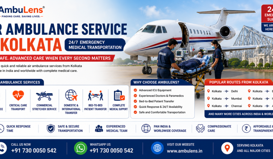 Air Ambulance Service in Kolkata with ICU-equipped medical aircraft, ventilator support, experienced doctors, and 24/7 emergency patient transfer services by AmbuLens.