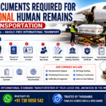 Documents required for international human remains transportation including death certificate, embalming certificate, passport, embassy clearance, and airline cargo documentation by AmbuLens.