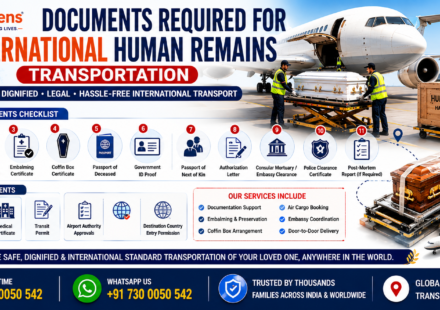 Documents required for international human remains transportation including death certificate, embalming certificate, passport, embassy clearance, and airline cargo documentation by AmbuLens.