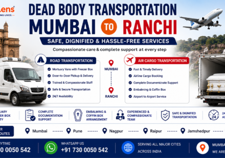 Dead Body Transportation Mumbai to Ranchi service by AmbuLens with air cargo support, mortuary van, freezer box facility, and 24/7 interstate transportation assistance.