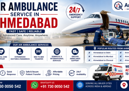 Air Ambulance Service in Ahmedabad with ICU-equipped aircraft, ventilator support, experienced doctors, and 24/7 emergency patient transfer services by AmbuLens.