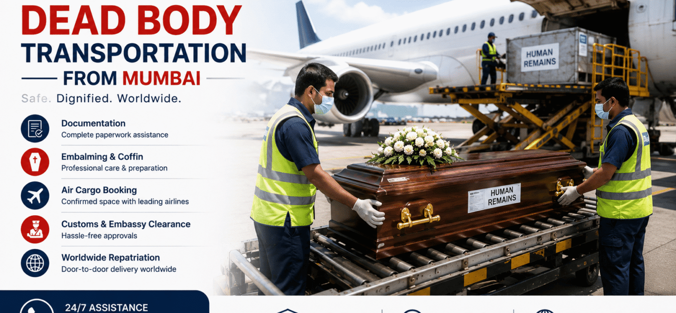 Coffin being transported through an international airport cargo terminal for overseas human repatriation services.