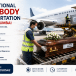 Coffin being transported through an international airport cargo terminal for overseas human repatriation services.