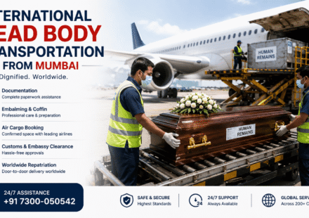 Coffin being transported through an international airport cargo terminal for overseas human repatriation services.