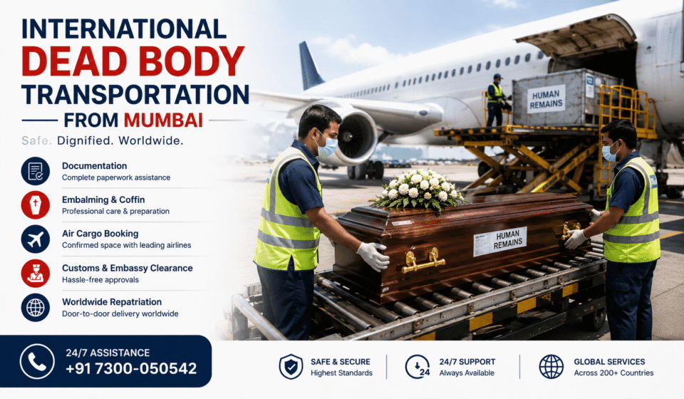 Coffin being transported through an international airport cargo terminal for overseas human repatriation services.