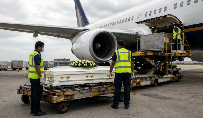 Coffin being prepared for international air cargo transportation at Mumbai airport with cargo handlers and commercial aircraft in the background.