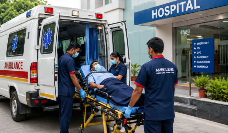 Medical team transferring a patient on a stretcher from an ambulance to a hospital during a professional patient transfer service.