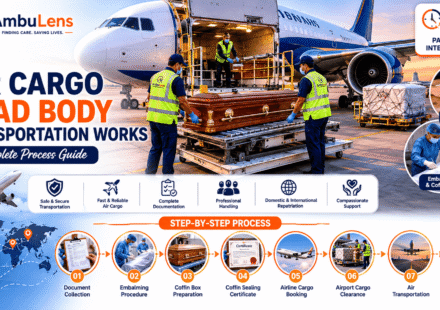 Cargo staff preparing a coffin for airline transportation at an airport cargo terminal during the air cargo repatriation process.