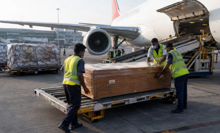 Air cargo dead body transportation process showing coffin handling at an airport cargo terminal with a commercial aircraft ready for transportation.