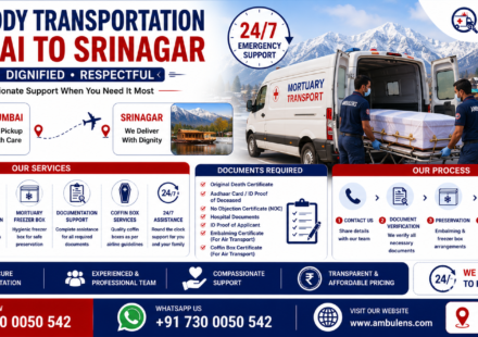 Dead Body Transportation Mumbai to Srinagar with air cargo services, road transportation, freezer box arrangements, and complete documentation support by AmbuLens.
