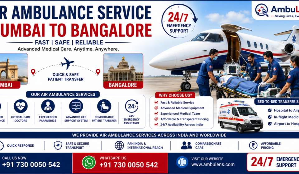 Air Ambulance Service Mumbai to Bangalore with ICU-equipped aircraft, ventilator support, experienced doctors, and emergency patient transfer services by AmbuLens.