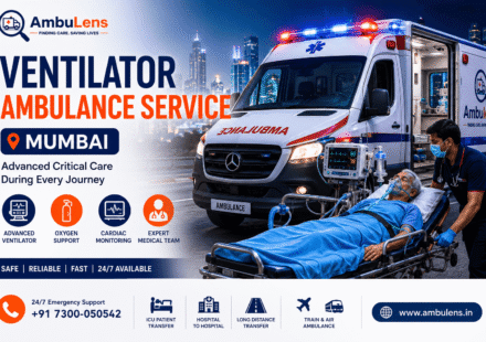 Ventilator ambulance service in Mumbai showing a critical care patient on a stretcher, advanced ventilator support, cardiac monitoring equipment, and a fully equipped ambulance.
