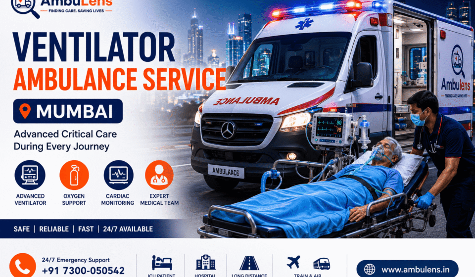 Ventilator ambulance service in Mumbai showing a critical care patient on a stretcher, advanced ventilator support, cardiac monitoring equipment, and a fully equipped ambulance.