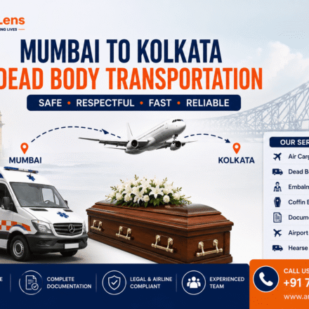 Coffin transportation from Mumbai to Kolkata using air cargo services and professional hearse ambulance support.