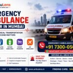 Emergency ambulance number in Mumbai showing a modern ambulance with flashing emergency lights and 24/7 medical transportation support.